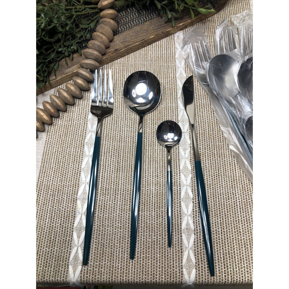 24 PCs Shiny Silver/green Cutlery Set / Stainless Steel Modern Asian Style